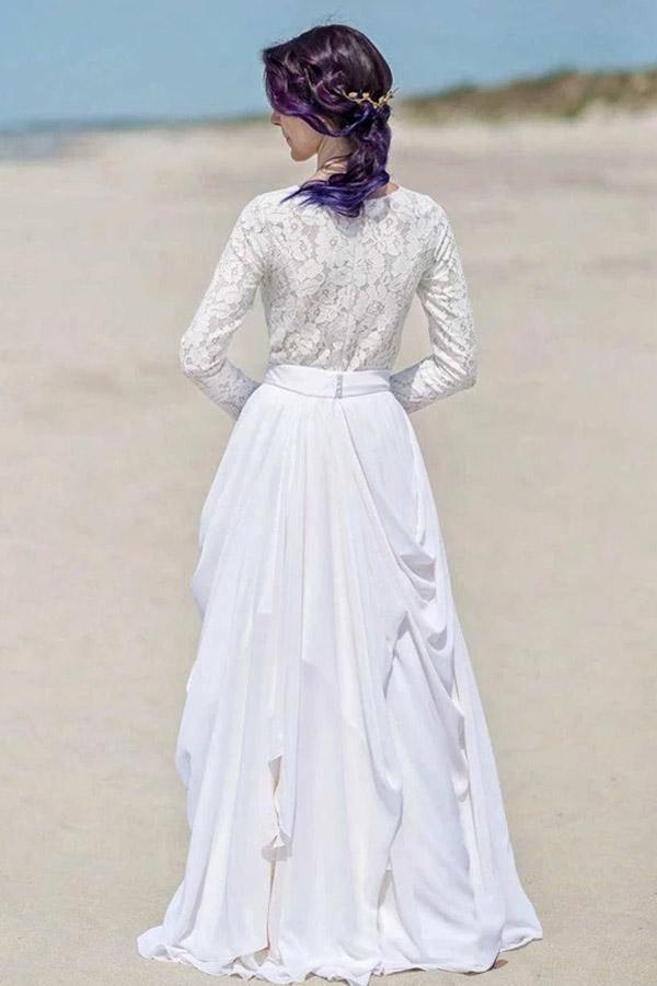 Chiffon Lace Long Sleeve White Zipper Beach Wedding/Bridal Dress WD451 - Pgmdress