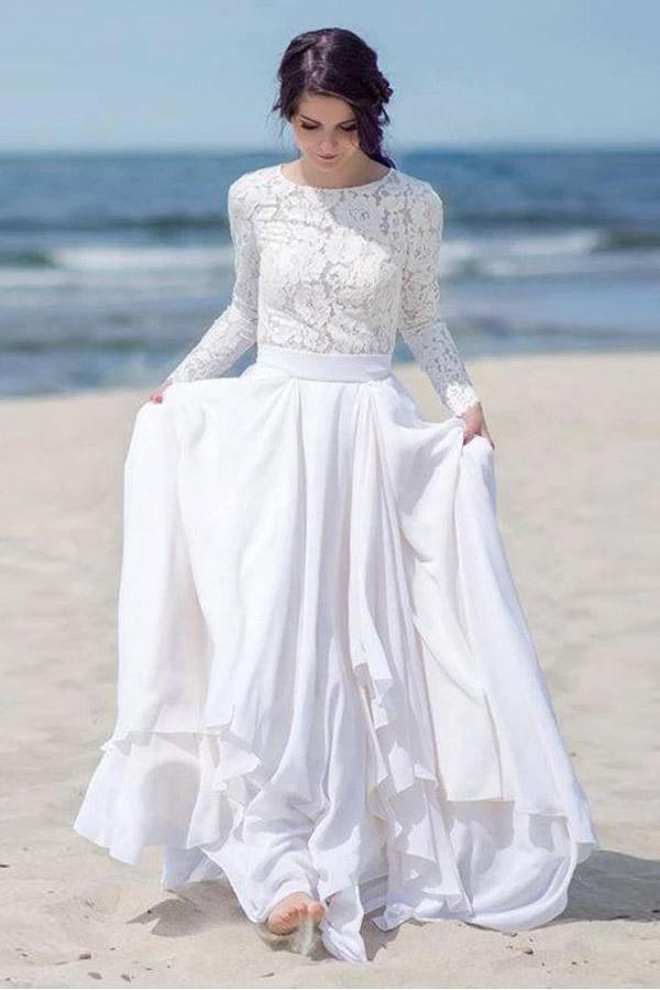 Chiffon Lace Long Sleeve White Zipper Beach Wedding/Bridal Dress WD451 - Pgmdress