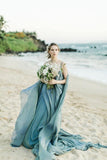 Robes de mariée rustiques en mousseline de soie robe de mariée de plage avec train tribunal WD475