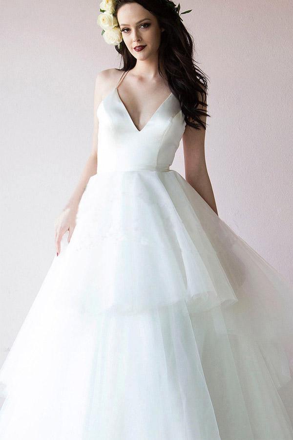 Classic Straps V Neck Ivory Long Bridal Gown Wedding Dresses WD388 - Pgmdress