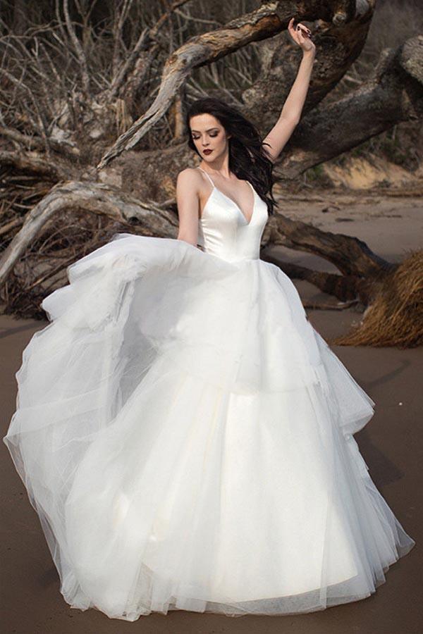 Classic Straps V Neck Ivory Long Bridal Gown Wedding Dresses WD388 - Pgmdress