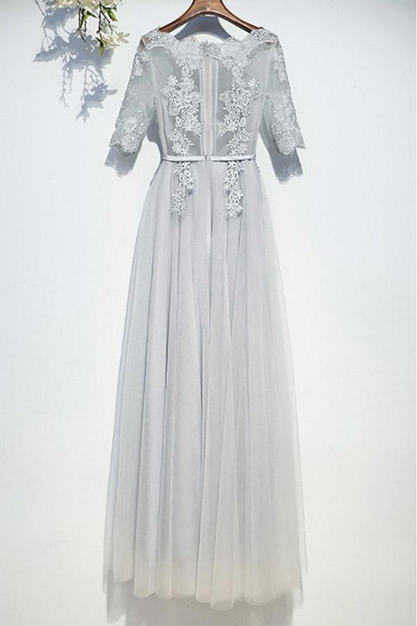 Classy Silver Flowy Long Tulle Prom Dress With Short Sleeves PG599 - Pgmdress