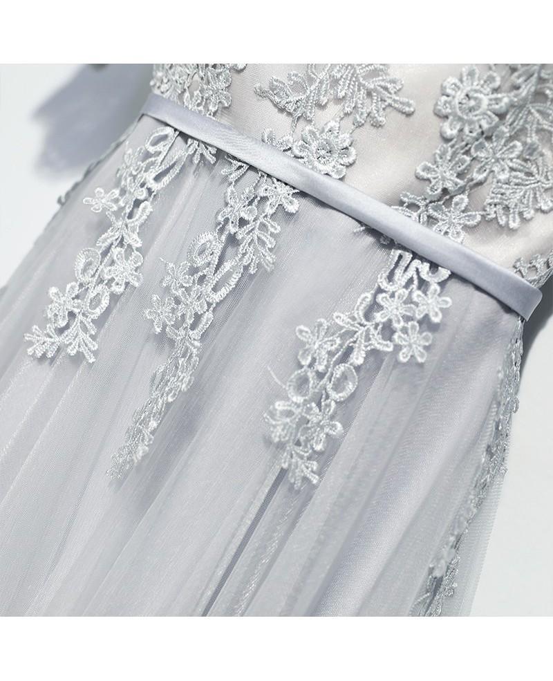 Classy Silver Flowy Long Tulle Prom Dress With Short Sleeves Custom Size / Custom Color Classy Silver Flowy Long Tulle Prom Dress With Short Sleeves Custom Size / Custom Color