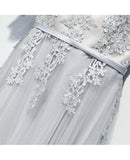 Classy Silver Flowy Long Tulle Prom Dress With Short Sleeves PG599 - Pgmdress