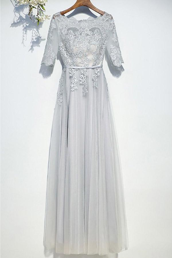 Classy Silver Flowy Long Tulle Prom Dress With Short Sleeves PG599 - Pgmdress