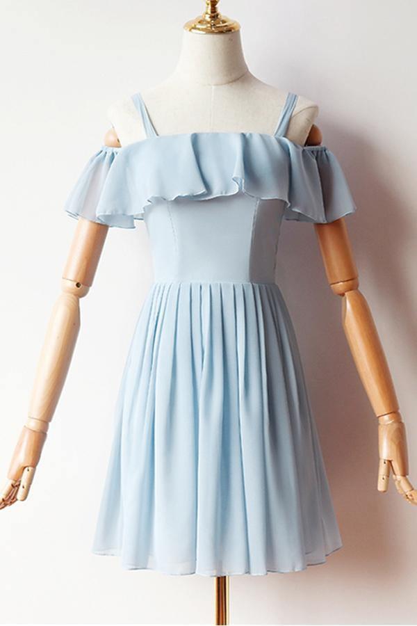 Cold Sleeves Short Prom Dress Blue Chiffon Homecoming Dress PD427 - Pgmdress