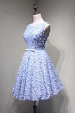 Crew Knee-Length Open Back Appliques Blue Lace Homecoming Dress PG114 - Pgmdress