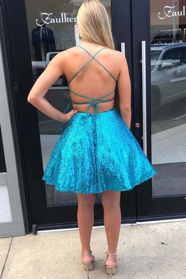 Criss Cross A-Line Short Prom Dress Blue Sequins Homecoming Dress Pgmdress Criss Cross A-Line Short Prom Dress Blue Sequins Homecoming Dress Pgmdress