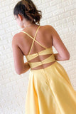 Criss Cross A-Line Straps Satin Yellow Long Prom Dress with Slit PM238 - Pgmdress