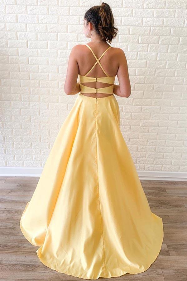 Criss Cross A-Line Straps Satin Yellow Long Prom Dress with Slit PM238 - Pgmdress