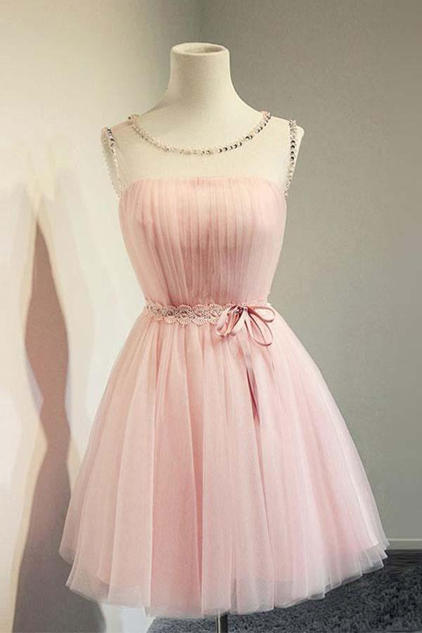 Cute A-line Round Neck Pink Tulle Short Prom Dress Homecoming Dresses PD131 - Pgmdress