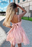 Cute A Line V Neck Spaghetti Straps Blush Pink Lace Homecoming Dresses PD425 - Pgmdress
