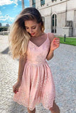 Cute A Line V Neck Spaghetti Straps Blush Pink Lace Homecoming Dresses PD425