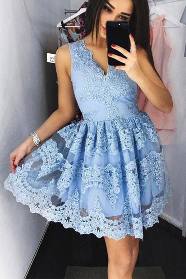 Cute Blue Lace Short Prom Dress Blue Lace Homecoming Dress PG172 - Pgmdress