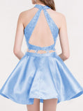 Cute Blue Two Pieces Lace Satin Short Prom Dress Homecoming Dress PG196 - Pgmdress