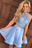 Cute Blue Two Pieces Lace Satin Short Prom Dress Homecoming Dress PG196
