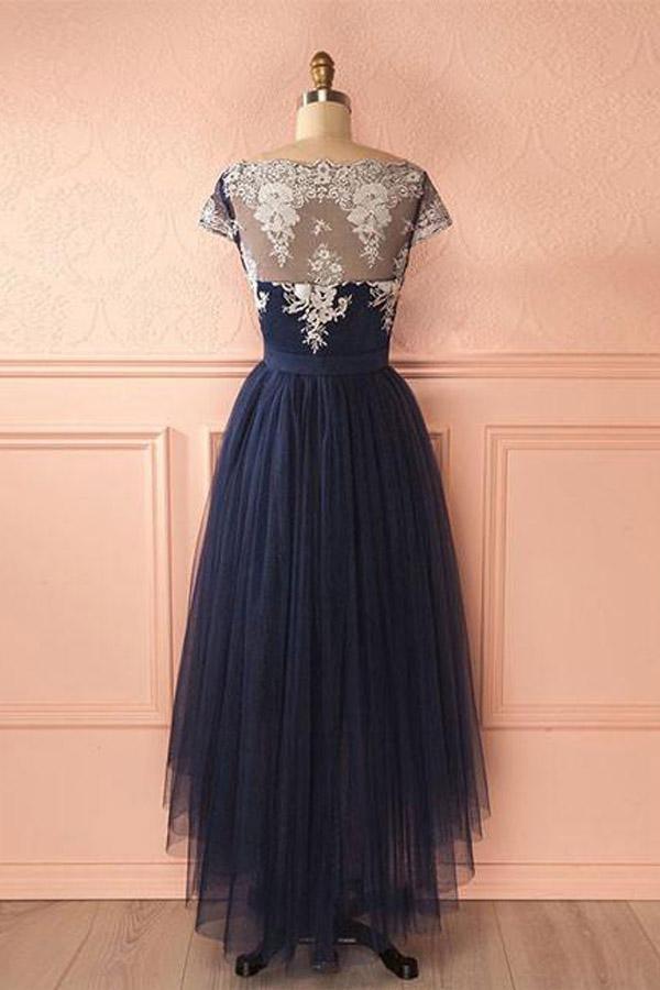 Cute Dark Blue Tulle Lace High Low Prom Dress Evening Dresses PG421 - Pgmdress