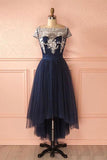 Cute Dark Blue Tulle Lace High Low Prom Dress Evening Dresses  PG421
