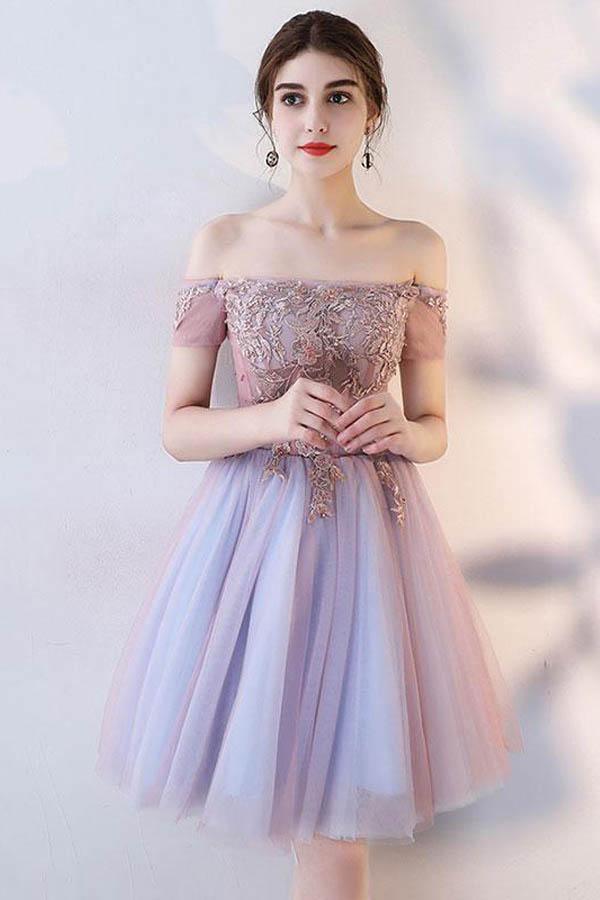 Cute Lace Off The Shoulder Tulle Short Prom Dress Homecoming Dress PD143 - Pgmdress