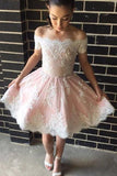 Jolie robe de soirée courte en dentelle rose à épaules dénudées A-ligne PG143