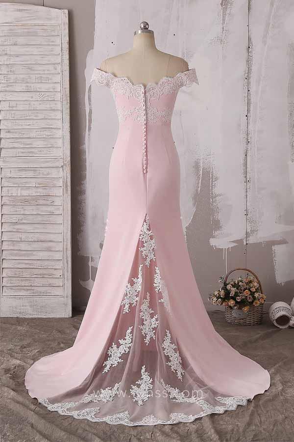Cute Pink Off The Shoulder Neckline Lace Prom Dresses Bridesmaid Dress PG638 - Pgmdress
