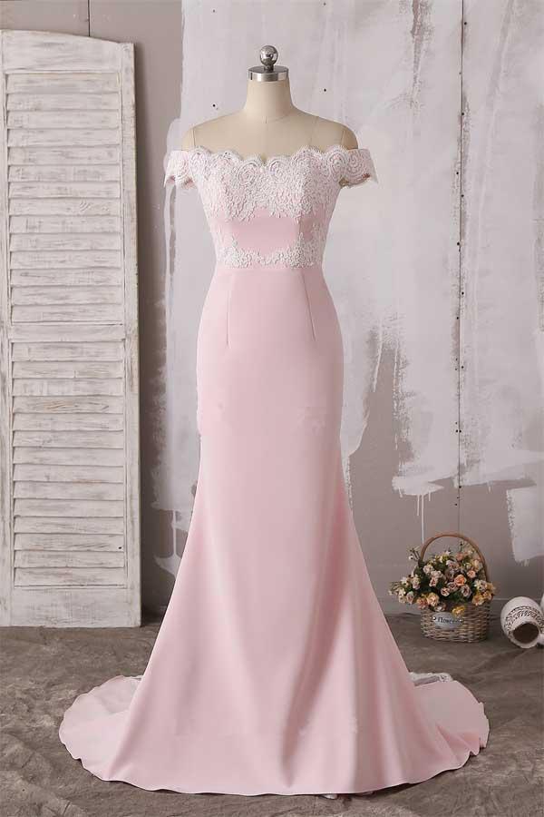 Cute Pink Off The Shoulder Neckline Lace Prom Dresses Bridesmaid Dress PG638 - Pgmdress