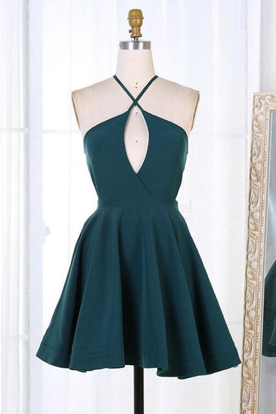 Dark Green Short Satin Homecoming Dresses Party Dresses  Pgmdress