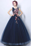 Dark Navy Blue Ball Gown Formal Prom Dress With Applique  PG698