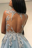Decent Scoop Sky Blue Open Back Long Formal Prom Dress with Appliques PG747 - Pgmdress