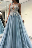 Decent Scoop Sky Blue Open Back Long Formal Prom Dress with Appliques  PG747