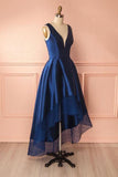 Deep Blue V Neck High Low Lace Satin Prom Dresses Bridesmaid Dresses PG384 - Pgmdress