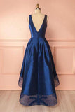 Deep Blue V Neck High Low Lace Satin Prom Dresses Bridesmaid Dresses PG384 - Pgmdress