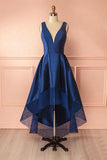 Deep Blue V Neck High Low Lace Satin Prom Dresses Bridesmaid Dresses PG384 - Pgmdress