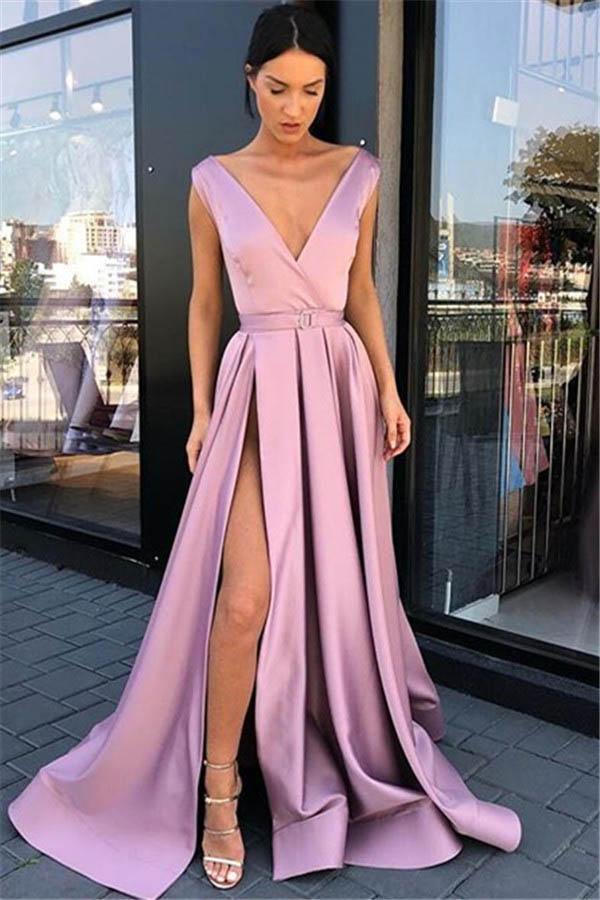 Deep-V-Neck A-Line Prom Dresses Pink Split Evening Gown PM208 - Pgmdress