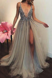 Deep V-neck Backless Split Sweep Train Grey Prom Dress with Beading PG365 - Pgmdress