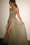 Deep V-neck Backless Split Sweep Train Grey Prom Dress with Beading PG365 - Pgmdress