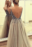 Deep V-neck Backless Split Sweep Train Grey Prom Dress with Beading PG365 - Pgmdress