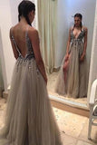 Deep V-neck Backless Split Sweep Train Grey Prom Dress with Beading PG365 - Pgmdress