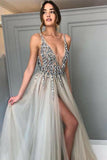 Deep V-neck Backless Split Sweep Train Grey Prom Dress with Beading PG365