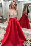 Deep V-neck Beaded Red Satin Prom Dresses with Pocket Formal Dresses PG938 - Pgmdress