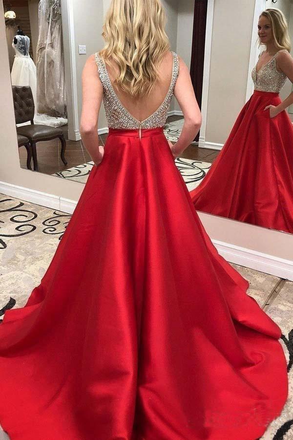 Deep V-neck Beaded Pink Satin Prom Dress with Pocket PG938 US2 / Pink Deep V-neck Beaded Pink Satin Prom Dress with Pocket PG938 US2 / Pink