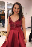 Deep V-neck Beaded Red Satin Prom Dresses with Pocket Formal Dresses PG938 - Pgmdress