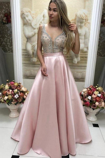 Deep V-neck Beaded Pink Satin Prom Dress with Pocket PG938 Deep V-neck Beaded Pink Satin Prom Dress with Pocket PG938