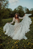 Deep V Neck Boho Wedding Dress Long Sleeve Rustic Wedding Dress WD373 - Pgmdress