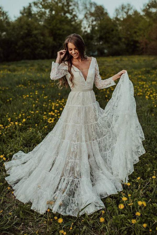 【本日特価】 Dress Wedding Boho Neck V Deep Long Wedding Rustic Sleeve その他