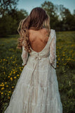 Deep V Neck Boho Wedding Dress Long Sleeve Rustic Wedding Dress WD373 - Pgmdress