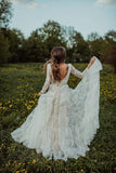 Deep V Neck Boho Wedding Dress Long Sleeve Rustic Wedding Dress WD373 - Pgmdress