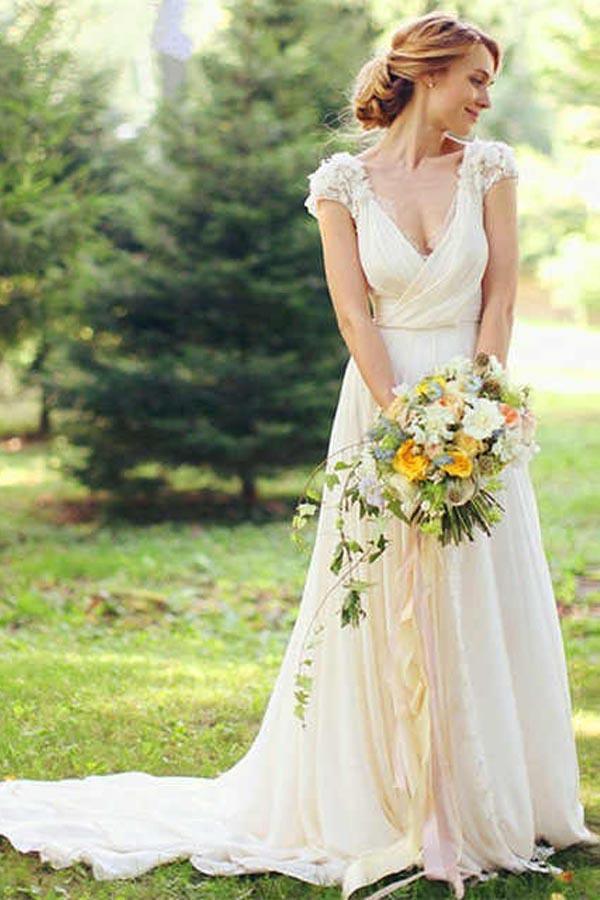 Deep V Neck Cap Sleeve Wedding Dresses Sheer Back Appliques Wedding Gown WD366 - Pgmdress