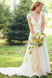 Deep V Neck Cap Sleeve Wedding Dresses Sheer Back Appliques Wedding Gown  WD366