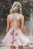 Deep V-Neck Criss-Cross Straps Short Blush Satin Homecoming Dress PG198 - Pgmdress